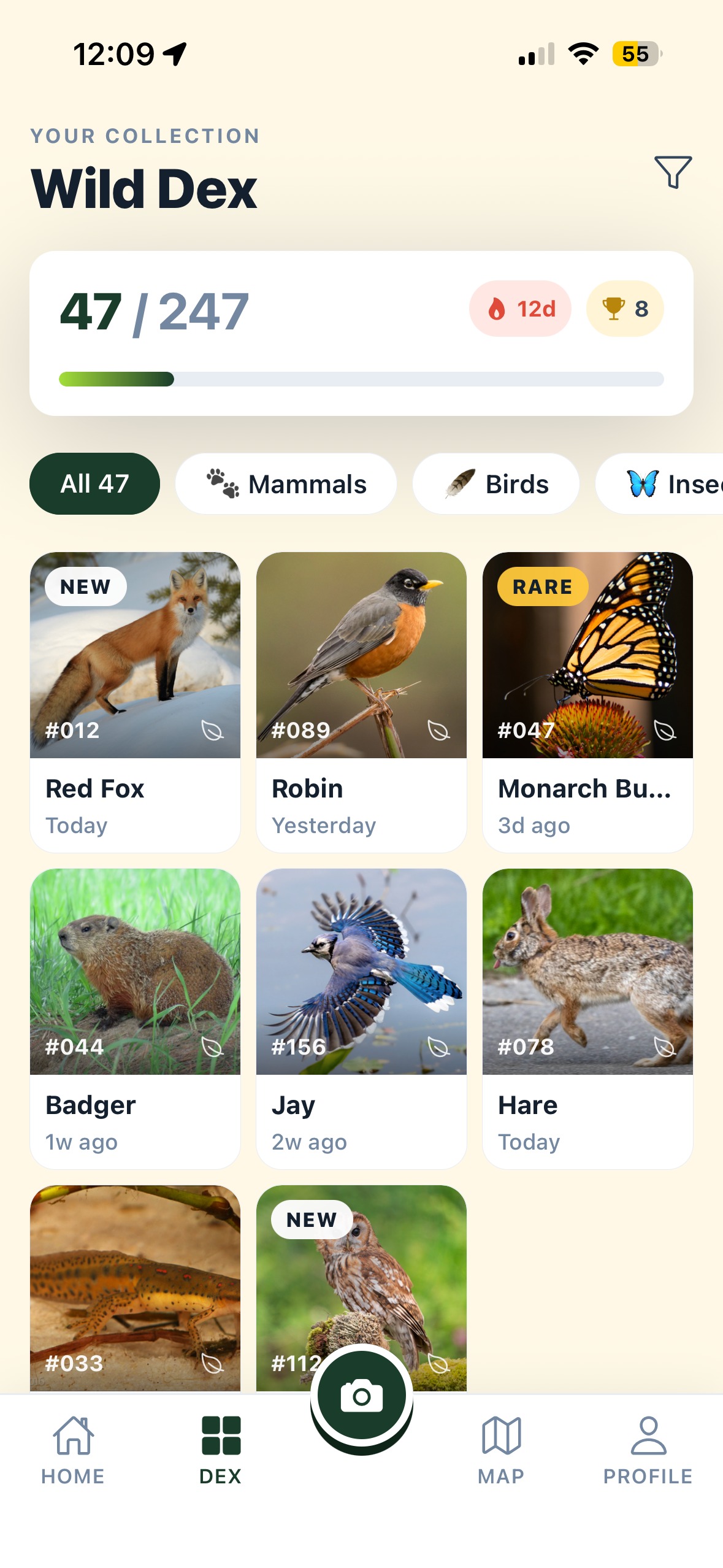 WildKind app collection screen showing Wild Dex with spotted species