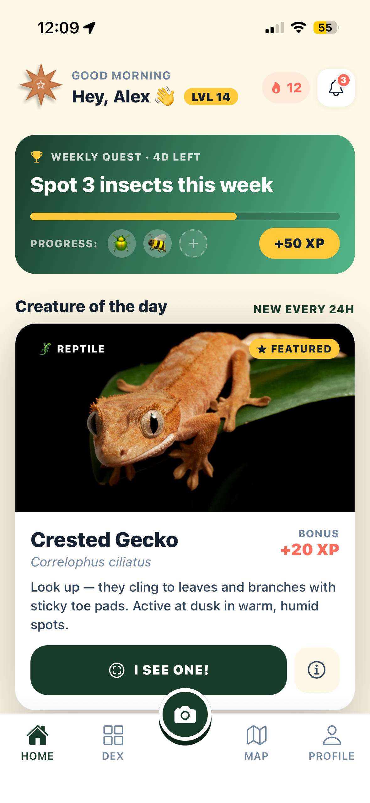 WildKind app home screen showing daily creature and weekly quest