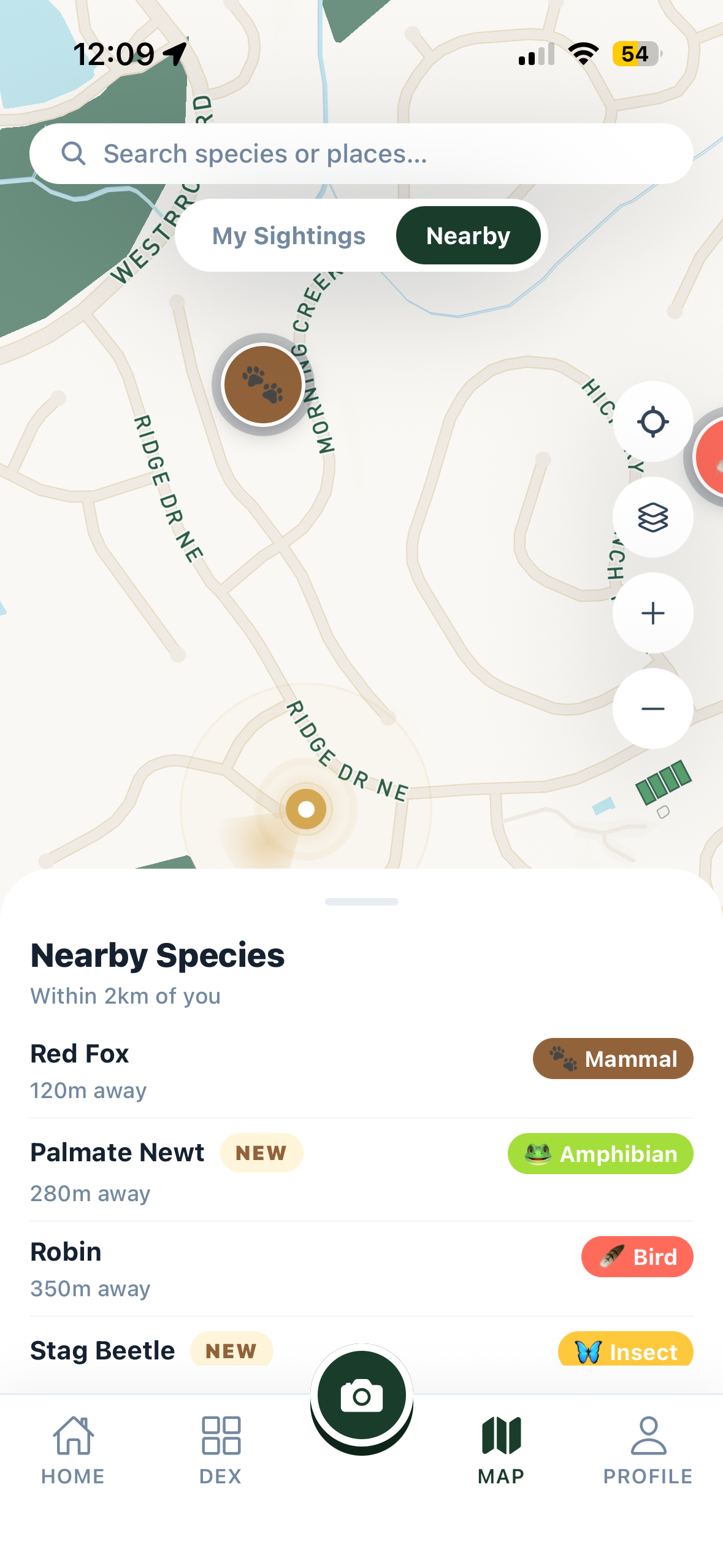 WildKind app map screen showing nearby species locations